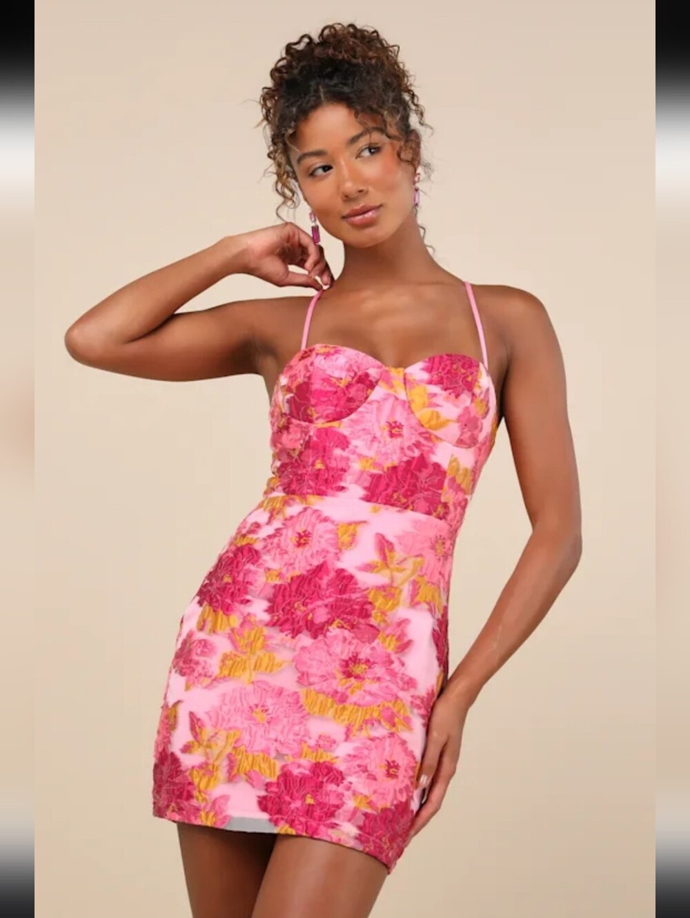Lulus Flirtatious Composure Pink Jacquard Lace-Up Bustier Mini Dress